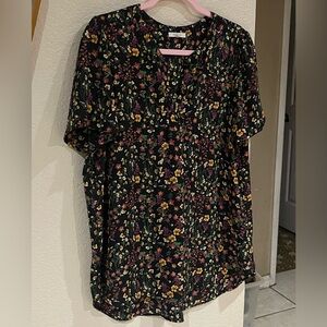 Pleione Black Floral Short Sleeve Blouse with Yellow & Purple Flowers